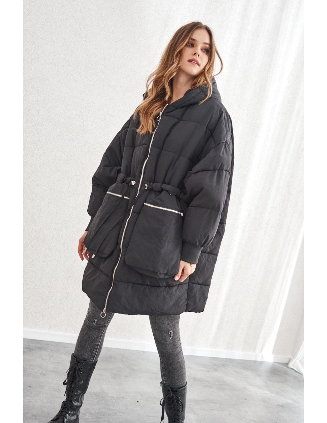 Geaca oversize calduroasa cu gluga, neagra 1537 - Magazin online - Boutique